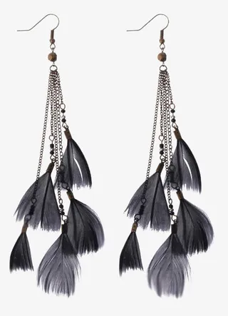 黑色羽毛长流苏耳环免抠