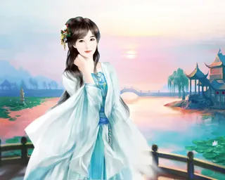 手绘西湖边的美女免抠