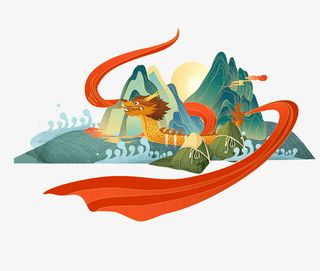 端午赛龙舟手绘动漫卡通龙舟免抠