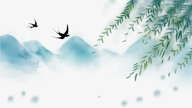 春天燕子柳条山免抠手绘/卡通手绘元素
