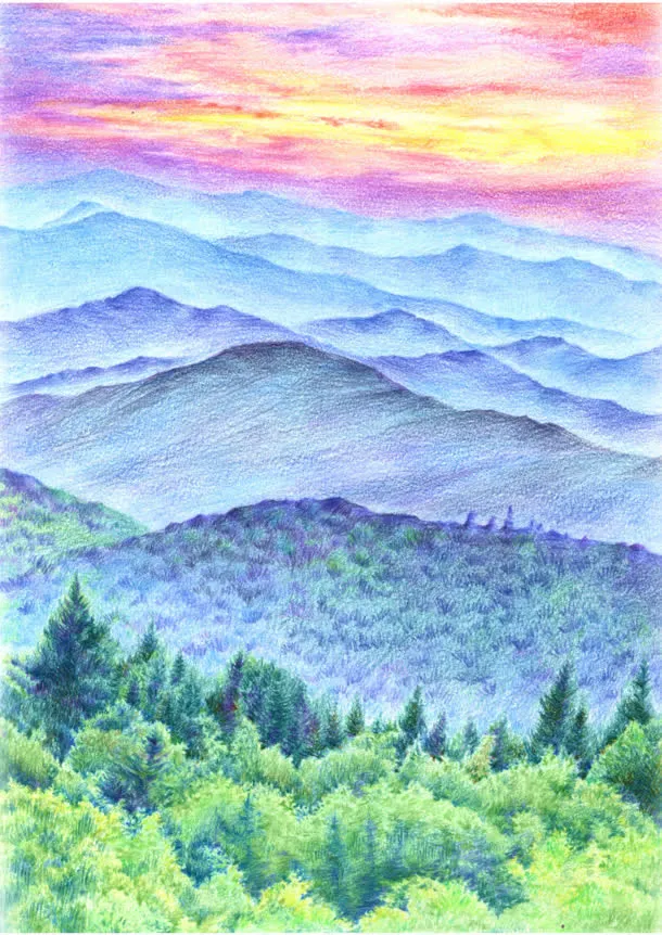彩色铅笔画山峦云霞免抠背景卡通/手绘元素
