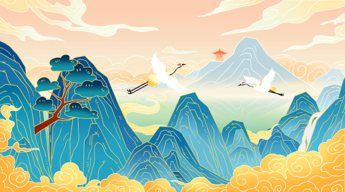 国潮手绘山水背景高清