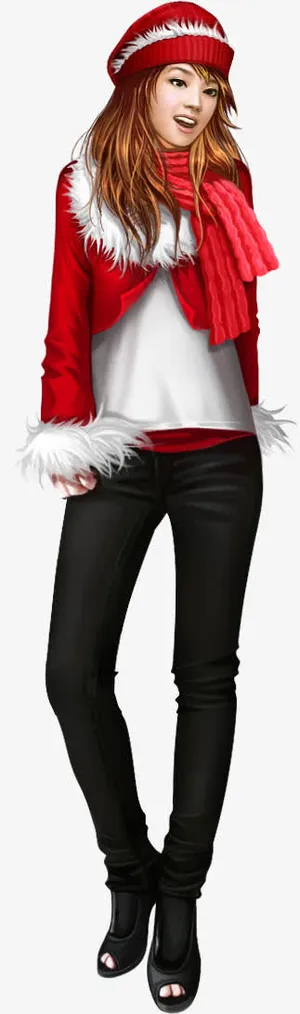 手绘美女冬日长发免抠