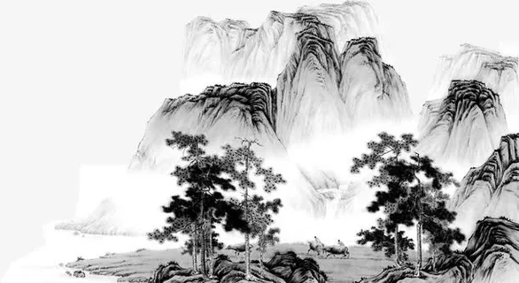 黑白山水风光景色免抠节日端午节元素