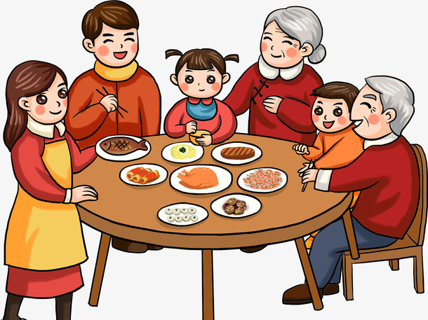 手绘新年团圆饭素材图免抠