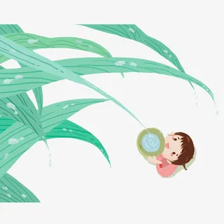 手绘卡通接雨露女孩免抠