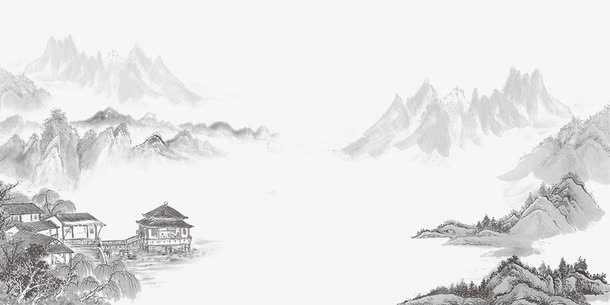 水墨山水间的小屋免抠