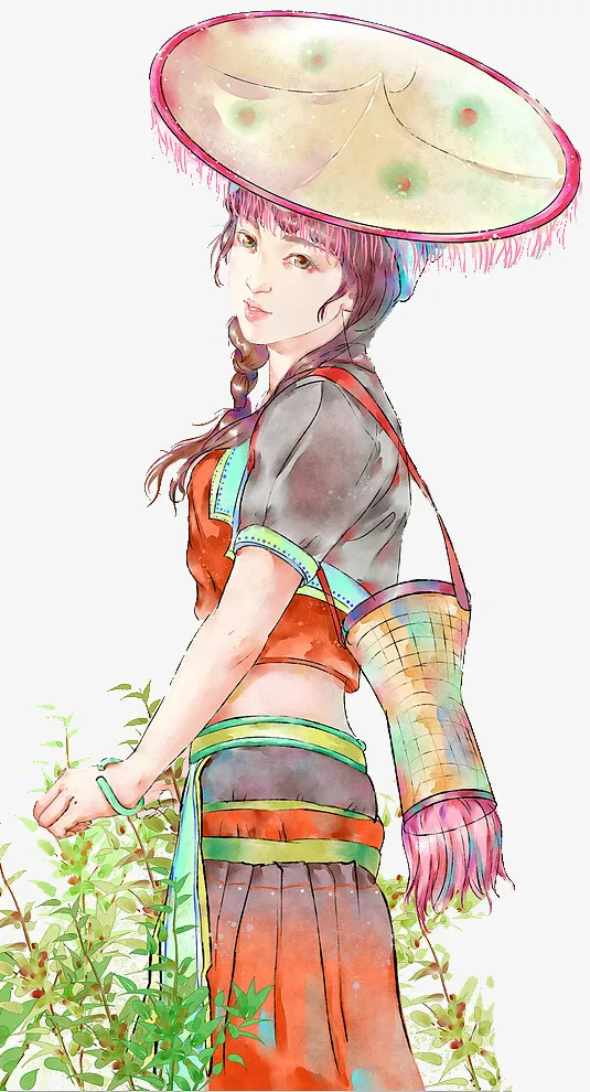 手绘采茶女小背篓免抠
