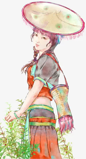手绘采茶女小背篓免抠 手绘采茶女小背篓免抠