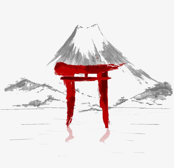 水墨富士山鸟居免抠