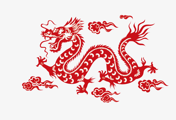 红色中国风蛟龙剪纸免抠