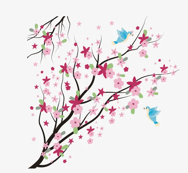 春天花卉美景花卉小鸟矢量素材免抠
