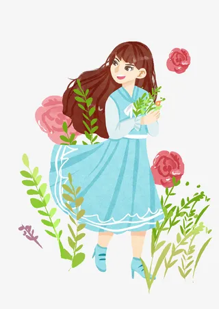 女孩花朵树叶免抠