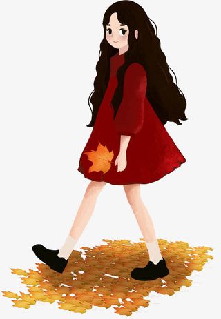 手绘秋天树叶女孩人物免抠