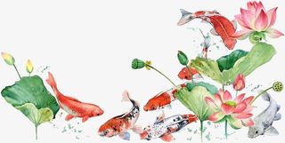 国潮水墨荷花鲤鱼免抠