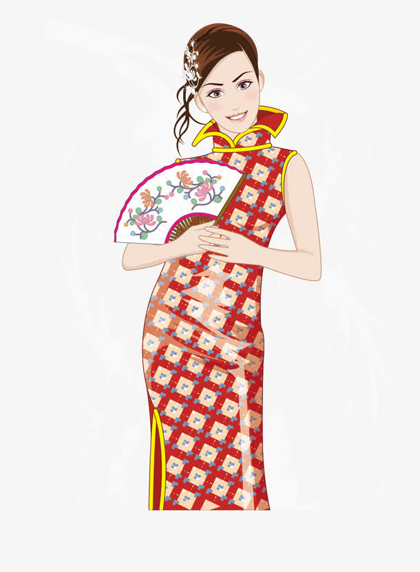 花扇格子旗袍美女矢量素材免抠