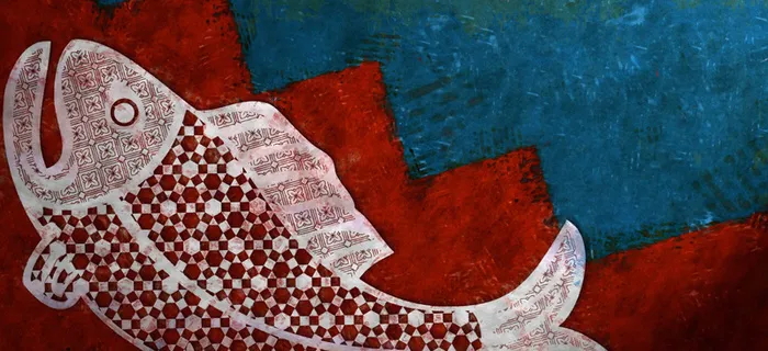 手绘蓝底红色鱼背景高清