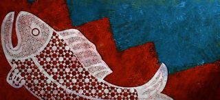 手绘蓝底红色鱼背景高清