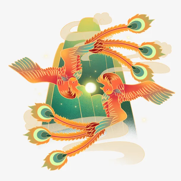 国潮 山 祥云 凤凰 两只 中国风免抠