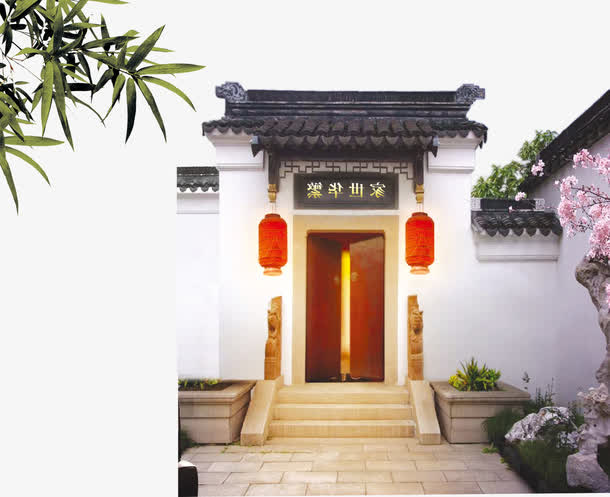 水墨江南水乡庭院免抠