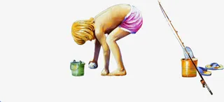 捡东西的小男孩油画风景免抠