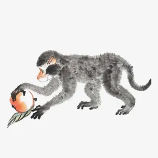 水墨画一只可爱的猴子抱桃免抠免抠