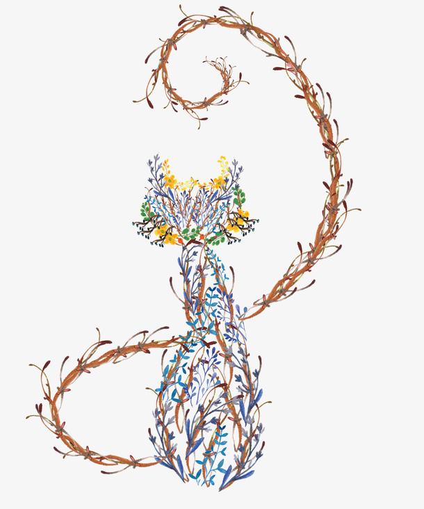 水彩鲜花猫咪免抠