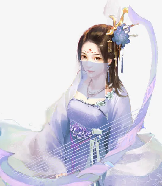 弹竖琴的蒙面紫衣美女古风手绘免抠