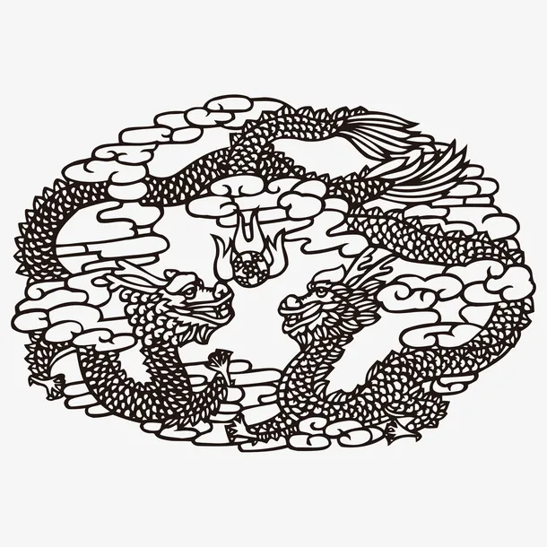 黑白线中国龙元素免抠