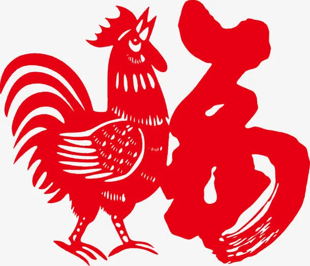红色鸡和福字剪纸免抠
