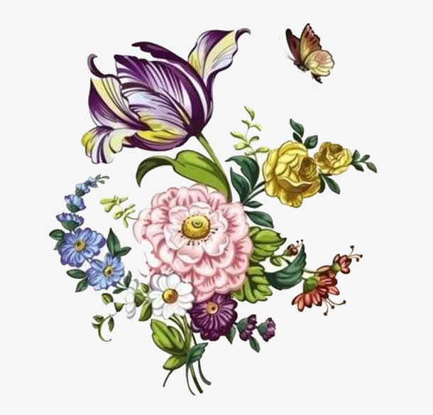 手绘复古花卉免抠