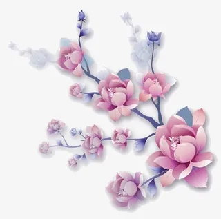 粉色手绘花朵树枝。免抠