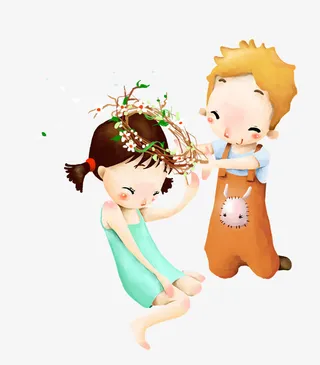 给女孩带花环的男孩免抠