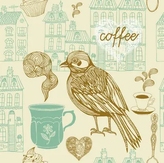 复古手绘花鸟建筑设计免抠