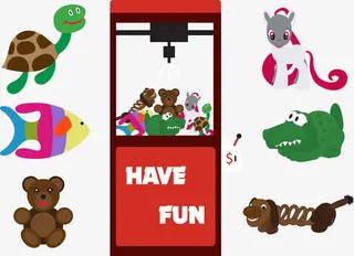 矢量卡通抓娃娃机和各种玩具免抠