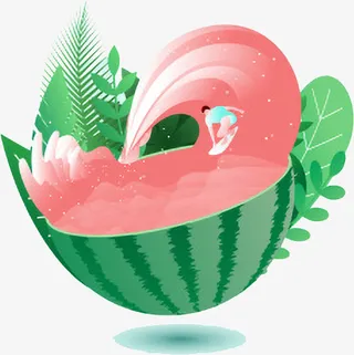 手绘夏天西瓜冲浪免抠