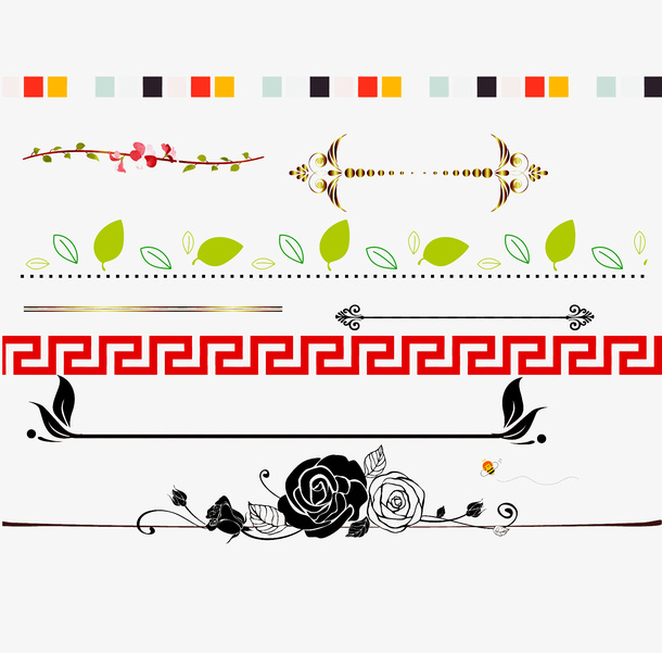 手绘彩色花卉分割线免抠