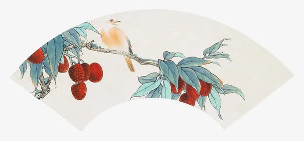 花鸟扇面画荔枝树上的麻雀免抠