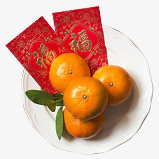 彩色质感装饰桔子与红包装饰字图免抠