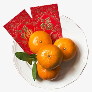 彩色质感装饰桔子与红包装饰字图免抠