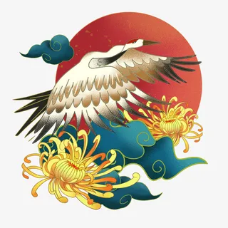 国潮仙鹤高飞红日免抠