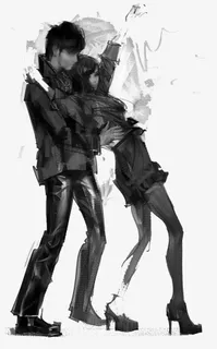 炭笔情侣插画免抠