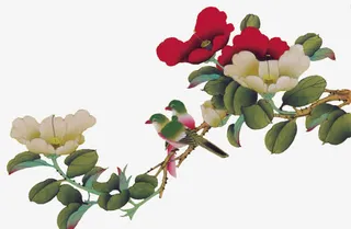 喜鹊绿叶红白花朵免抠