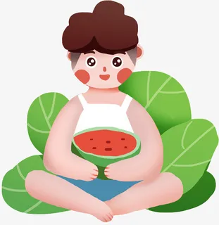 大暑夏天清新抱着西瓜的小孩子元素免抠