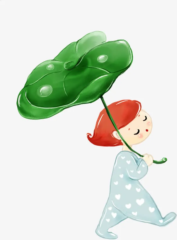 手绘露珠荷叶女孩人物免抠
