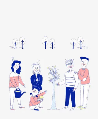 植树节手绘一家人种树的简笔画免抠