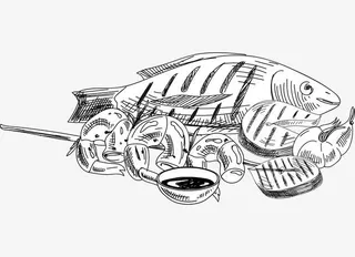 手绘黑色美味海鲜烧烤免抠