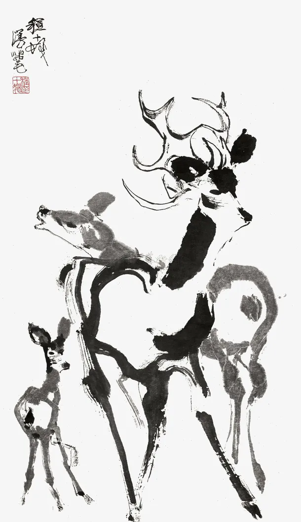 创意国画鹿免抠