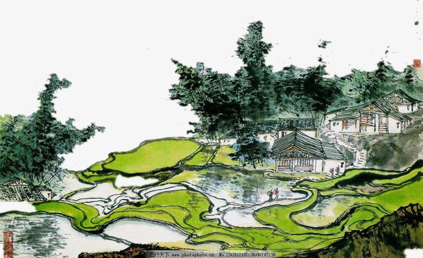 田园生活山水画免抠