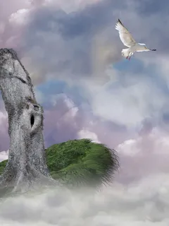 树干与飞翔的鸟免抠